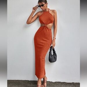 Privé Cut Out tie back halter dress in Burnt Orange.
